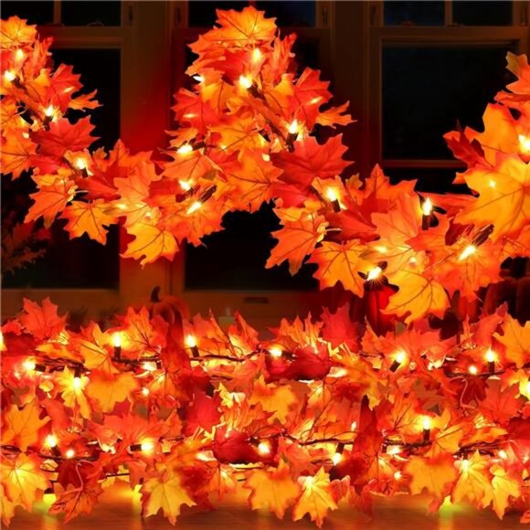 9FT 50 Count Incandescent Lights Brown Wire UL Certified Connectable Maple Leave - Picture 1 of 8